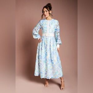 COAST Printed Lace Blouson Sleeve Belted Midi Dress